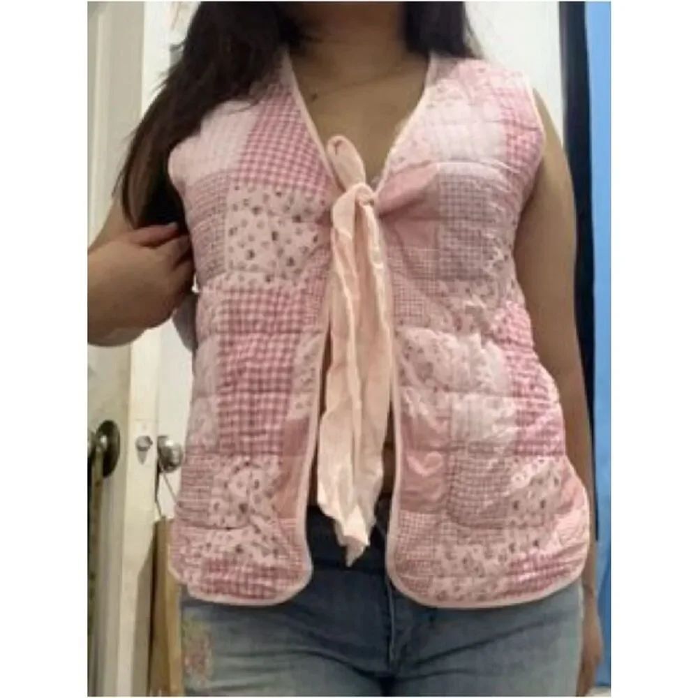 Stoosh Cottagecore soft cotton Pink Patchwork Quilted Tie-Front Vest floral
